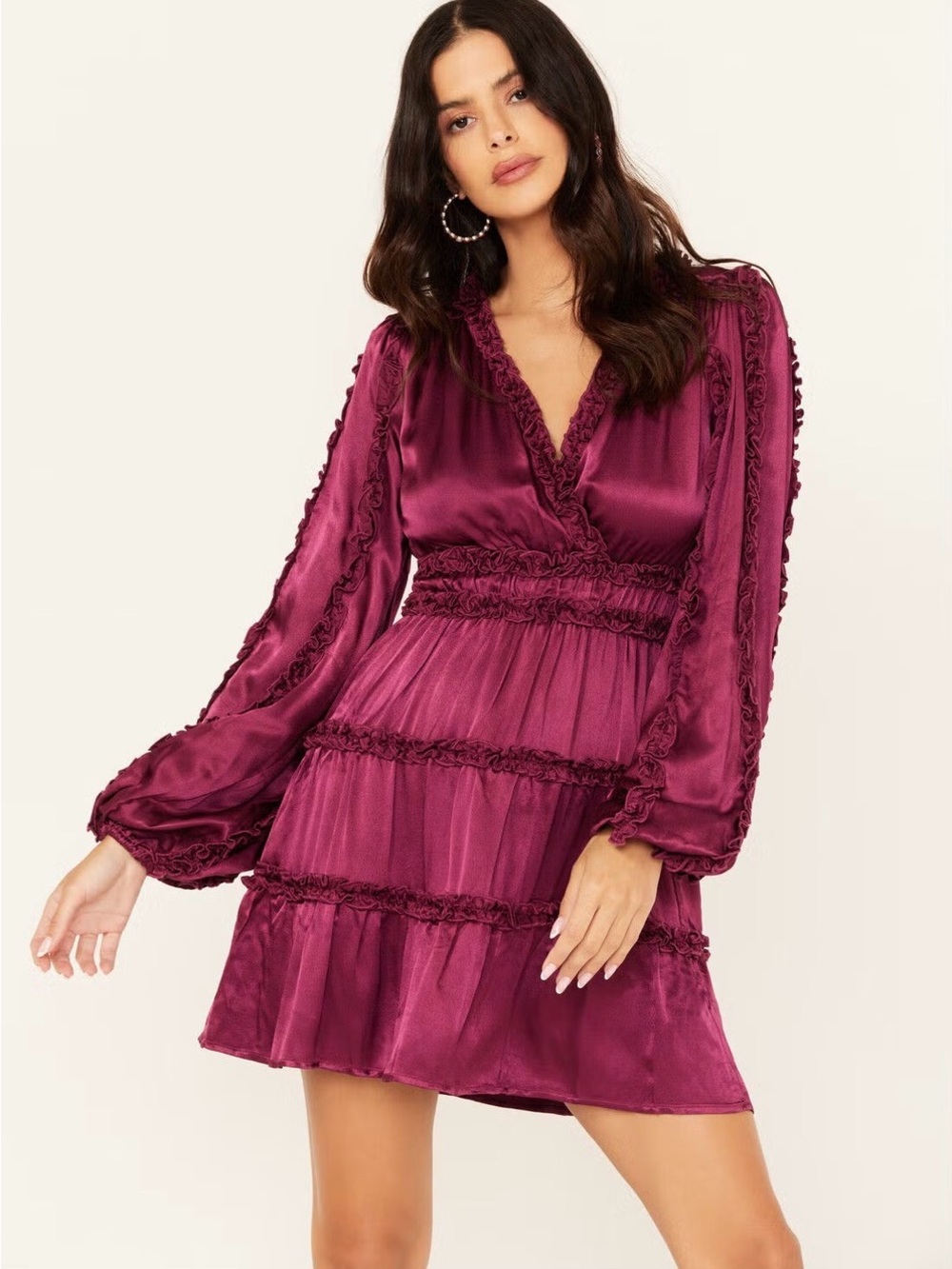 Like New Boutique Satin Tiered Long-Sleeve Mini Dress - Fuchsia